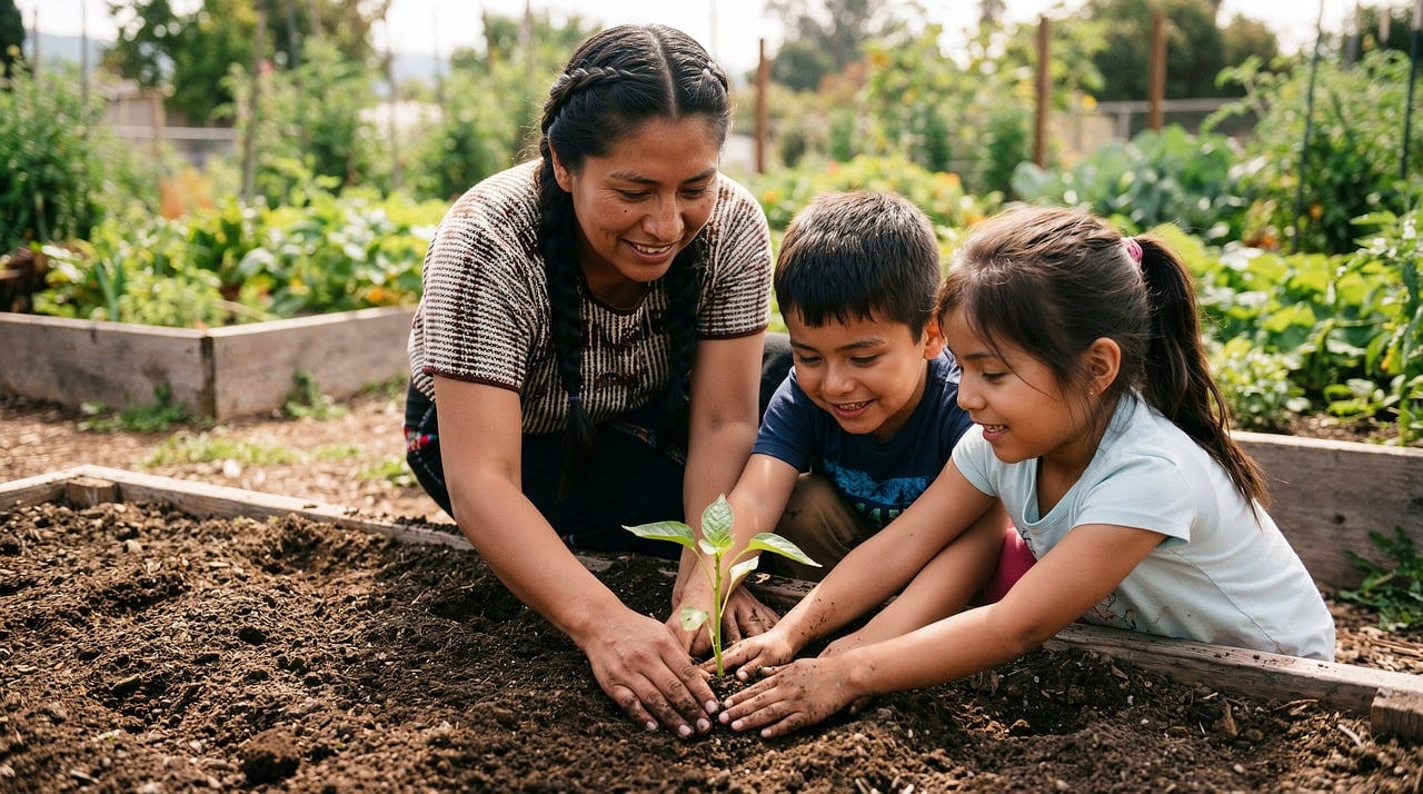 A mother and two young children working in a raised bed