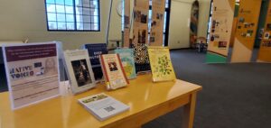 Display of books on a table.