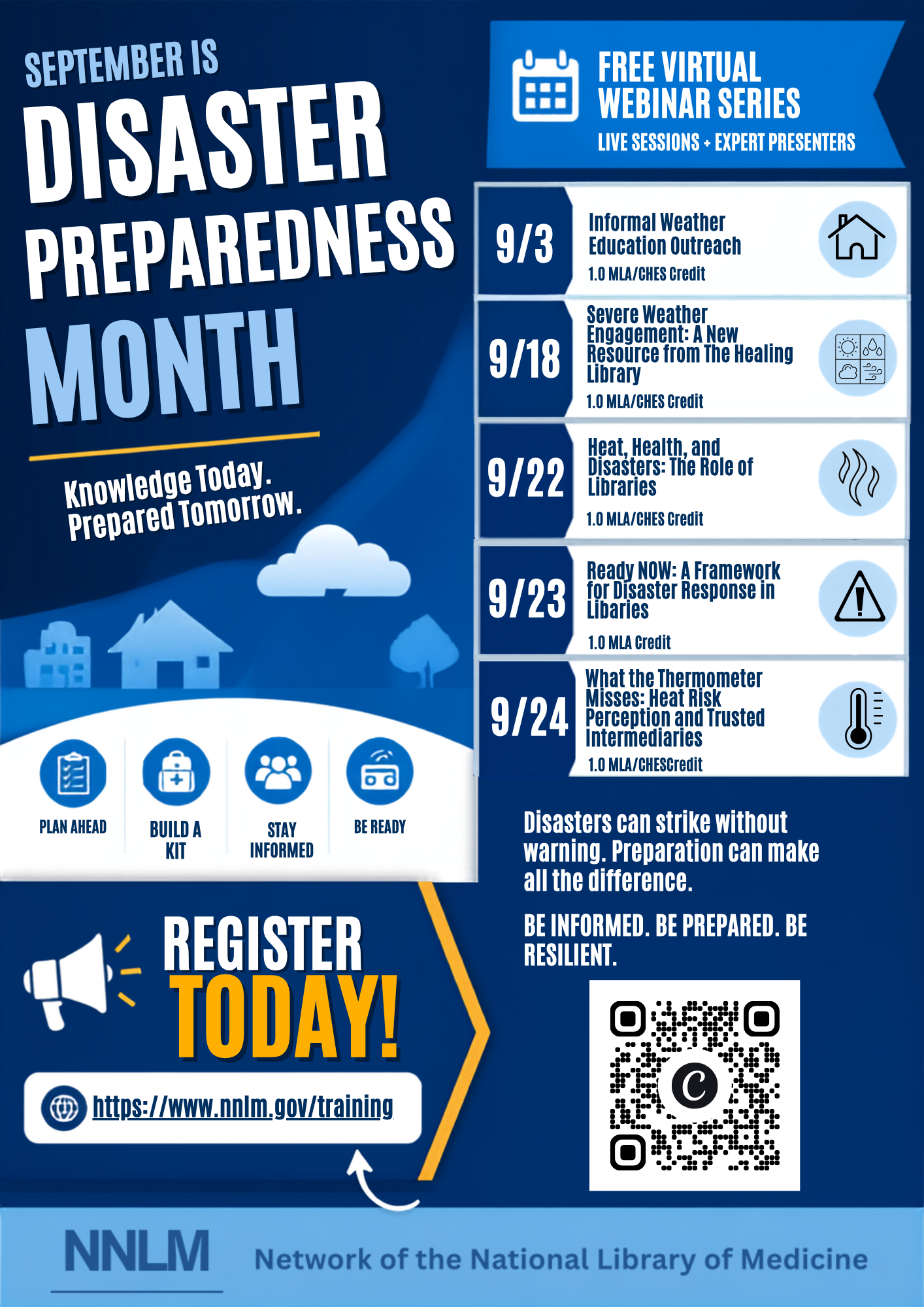 September is Disaster Preparedness Month. A list of 5 free webinars to register to attend from the Network of the National Library of Medicine 