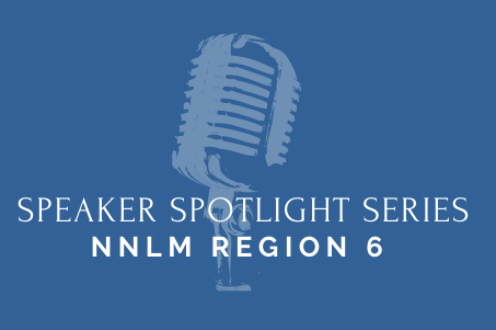 Spotlight Speaker Series logo. A faded microphone on a blue background. 