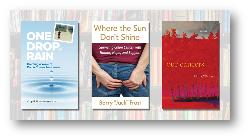 Book covers of "One Drop of Rain", "Where the Sun Don't Shine", and "Our Cancers"