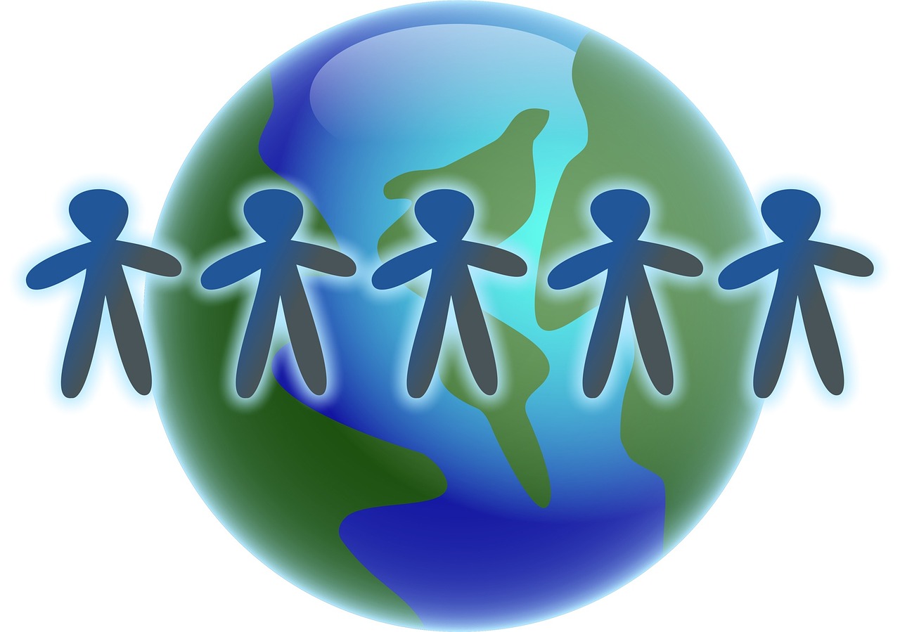 cartoon image people in front of a globe