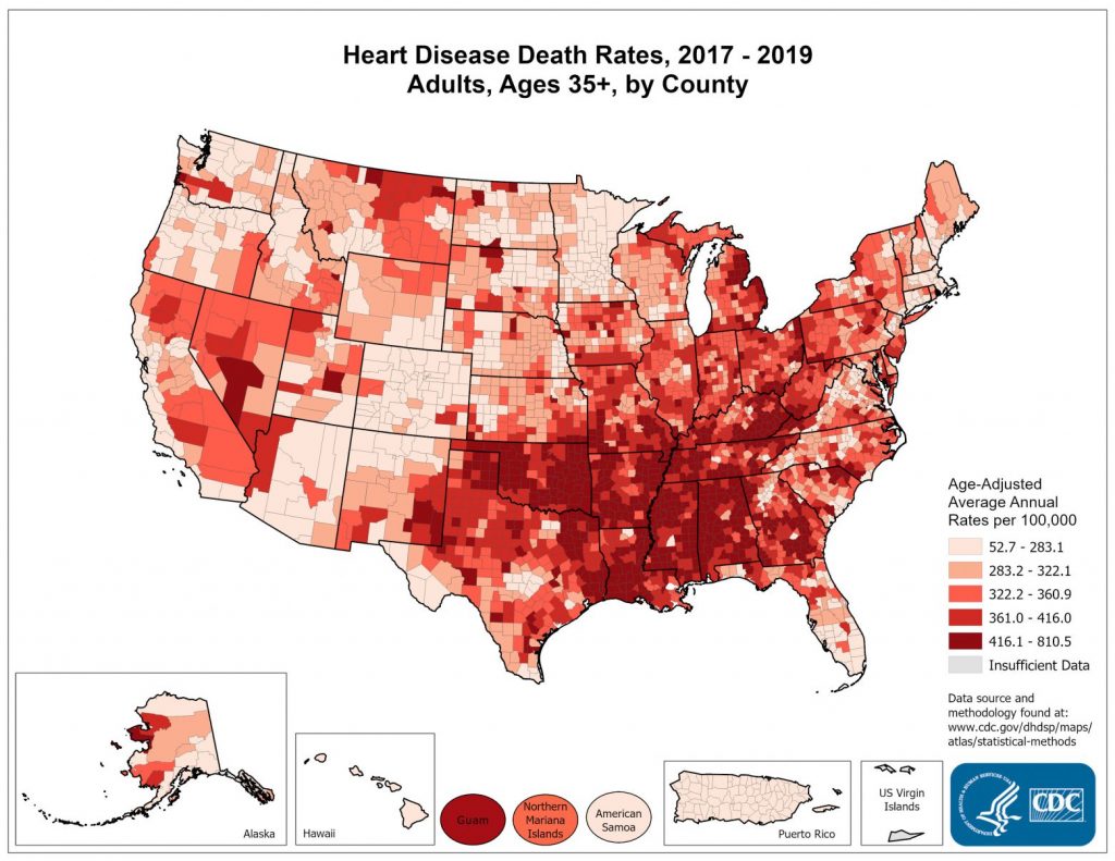 A map of Heart Disease Death Rates for 2017 through 2019 for Adults Aged 35 Years and Older by County in the United States. The map shows that concentrations of counties with the highest heart disease death rates – meaning the top quintile – are located primarily in Alabama, Mississippi, Louisiana, Arkansas, Oklahoma, and Guam.  Pockets of high-rate counties also were found in Georgia, Kentucky, Tennessee, Arizona, South Dakota, Michigan, Missouri, Texas, and Nevada.