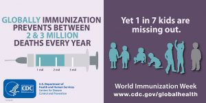 Globally immunization prevents between 2 & 3 million deaths every year with image of syringe depicting 1, 2, and 3 million. Yet 1 in 7 kids are missing out. World Immunization Week with CDC logo and www.cdc.gov/globalhealth