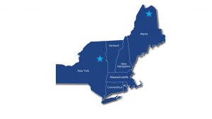 Map of New England plus New York with a star over the top most portion of Maine (Aroostook County) and a star over a portion of New York near the Vermont border about half way up Vermont (Essex and Hamilton Counties)