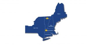 Map of New England plus New York with a star over the northern most part of Vermont (Grand Isle, Franklin, Orleans, Essex Counties) and a star over far western Massachusetts (Berkshire County)