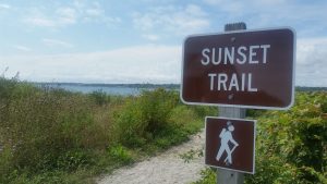 A view of Newport, RI from the Sachuest Point National Wildlife Refuge. Sign for "Sunset Trail" at the beginning of a trail overlooking the ocean on a sunny day.