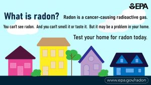 Infographic from the EPA with cartoon houses and the words "What is radon? Radon is a cancer-causing radioactive gas. You can't see radon, And you can't smell it or tast it. But it may be a problem in you home. Test your home for radon today." With the website www.epa.gov/radon at the bottom.