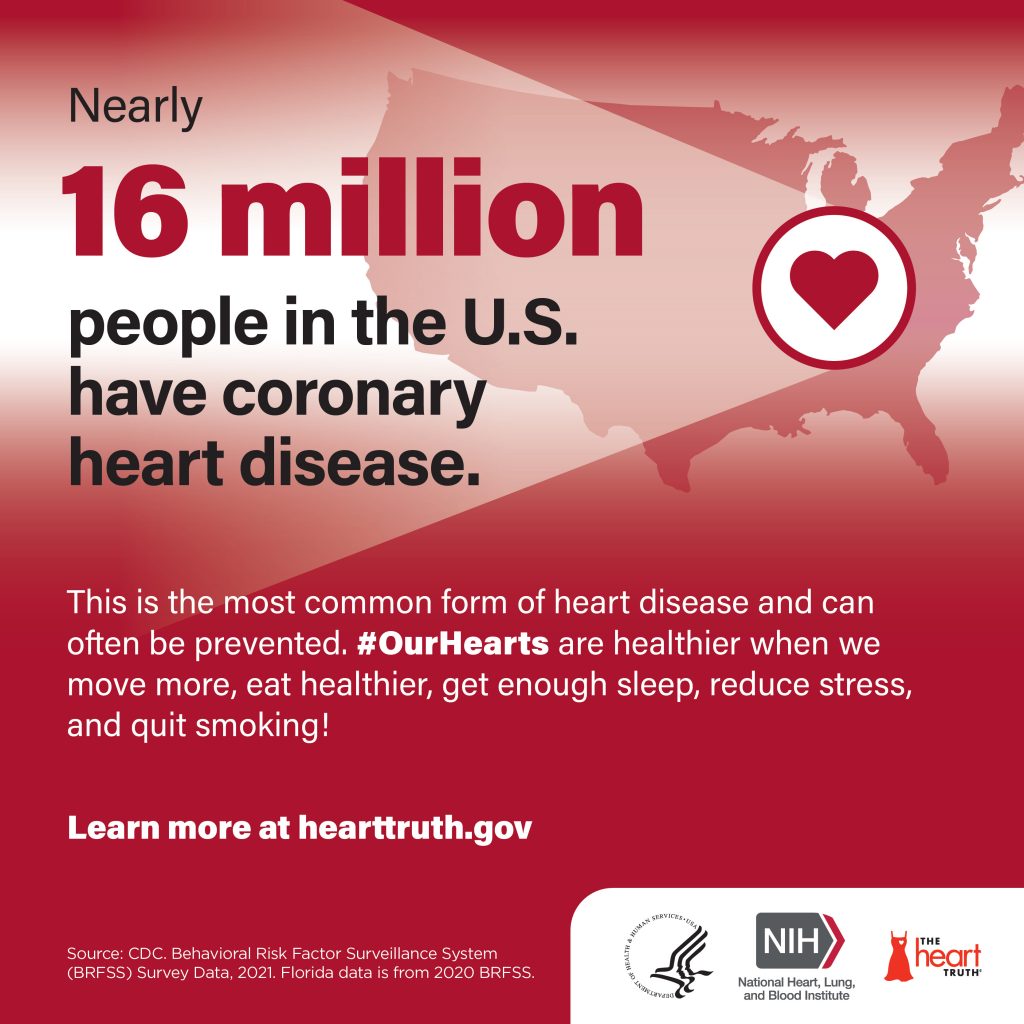 A fact card from the National Heart Lung and Blood Institute. The text reads "Nearly 16 million people in the US have coronary heart disease. This is the most common form of heart disease and can often be prevented. #OurHearts are healthier when we move more, eat healthier, get enough sleep, reduce stress and quit smoking! Learn more at hearttruth.gov"