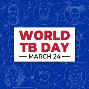 World TB Day logo. Blue background with illustrated images of people connected by lines, with the words "World TB Day" in red over "March 24".