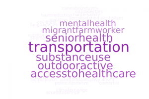 Word cloud of Northern VT responses to "2.Based on your experience with the community, what are the primary health concerns?" With Transportation being the biggest followed by senior health, mental health, migrant framer worker, substance use, outdoor activity and access to healthcare