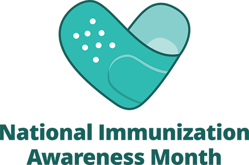 A logo with a teal band-aid in the shape of a heart with the text "National Immunization Awareness Month" below it.