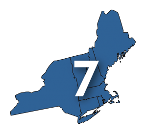 Map of New England and New York with all states in blue and a large white number seven overlaid