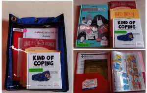 Three images showing an example of a graphic medicine kit. 1. The books and folder in a pouch. 2. The four books spread out. 3. The folder of health information including the how to read a comic comic.