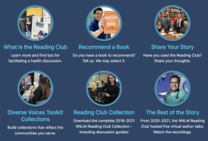 Screenshot of bottom of NNLM Reading Club page. On the website there are links to subsections, what is the reading club, recommend a book, share your story, diverse voices toolkit collections, reading club collection, and the rest of the story. 