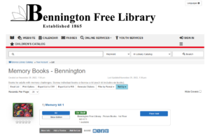 Screenshot of Bennington Free Library catalog showing Memory Kits.