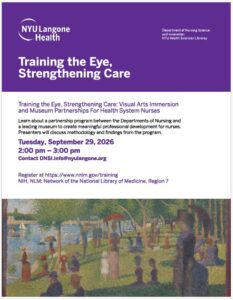 Training the Eye, Strengthening Care flyer with program description and registration information and picture of Georges Seurat, Study for "A Sunday Afternoon on La Grande Jatte".