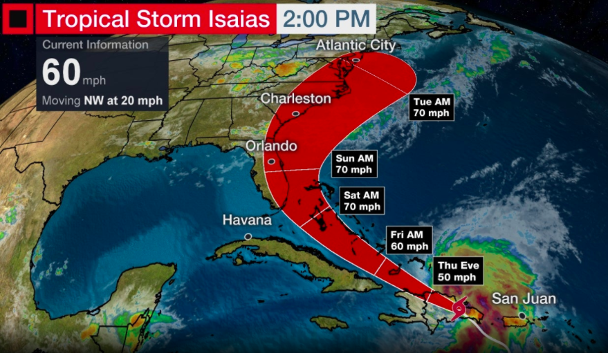 Current projected path of Tropical Storm Isaias