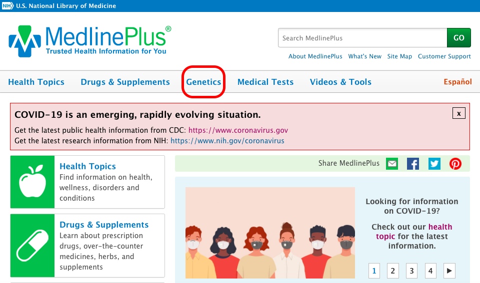 MedlinePlus.gov homepage, with the Genetics link circled in red