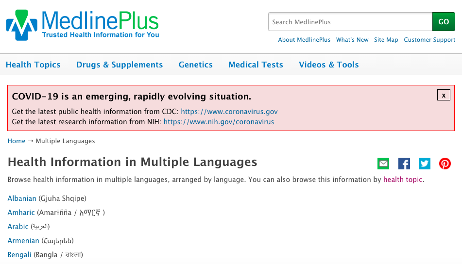 MedlinePlus’s collection of health information resources in multiple languages, organized by language