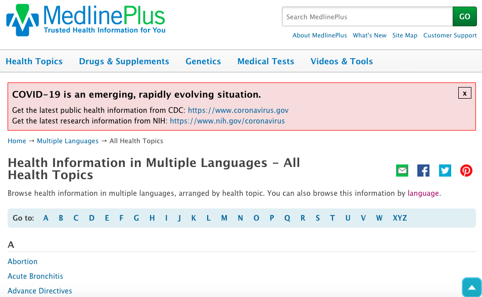 MedlinePlus’s collection of health information resources in multiple languages, organized by health topic