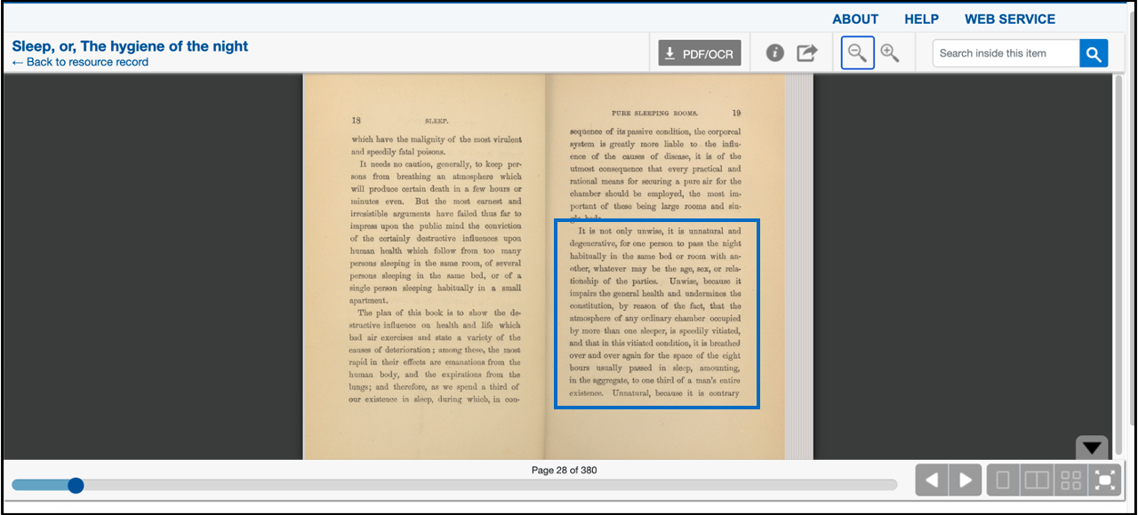 Screenshot from an NLM digital collections book with a blue box outlining the quote from the previous paragraph in this post.