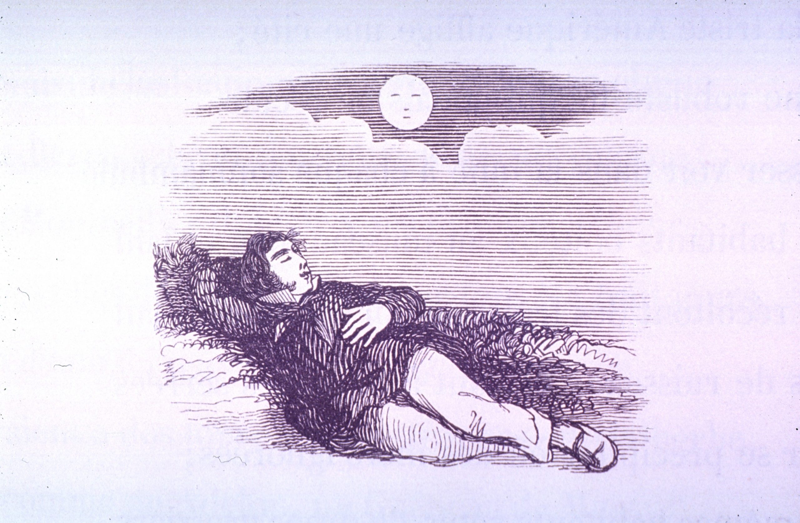 Wooden engraving of a man sleeping in a field under a smiling moon
