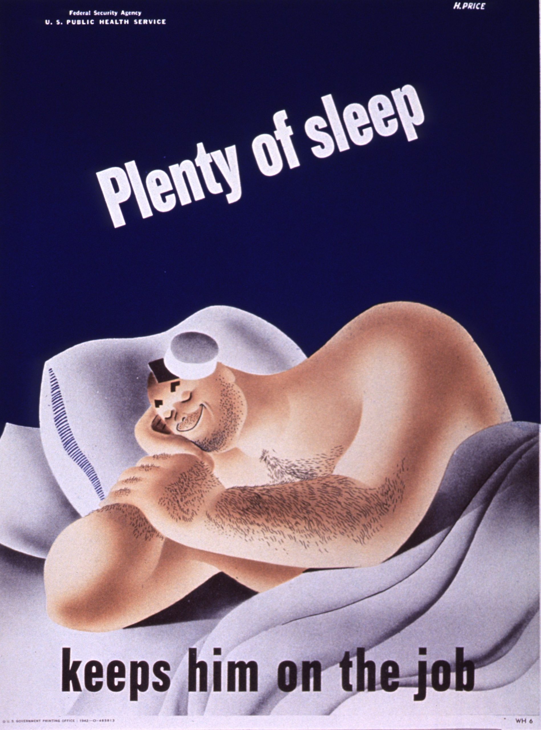 Cartoon of a man sleeping in bed with the text 'Plenty of sleep keeps him on the job.'