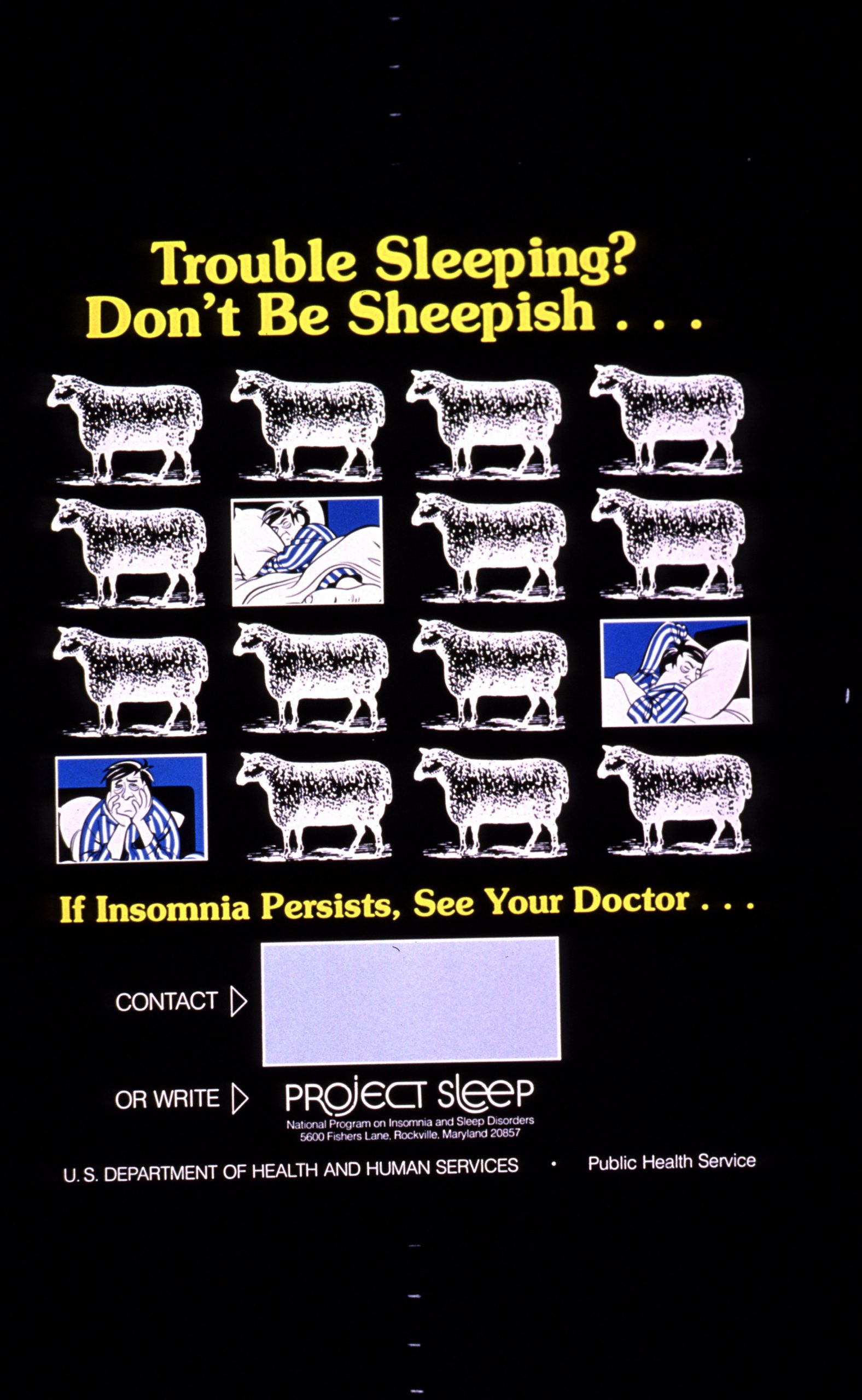 Rows of cartoon sheep intermixed with three images of a man having trouble falling asleep. Text for the advertisement reads 'Trouble sleeping? Don't be sheepish...if insomnia persists, see your doctor...'